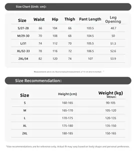 Detailed size guide for men's cargo jeans with waist and length measurements