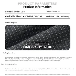 Detailed view of dark grey striped fabric texture with washing care instructions and sizing