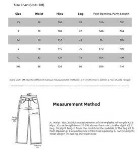 Detailed size chart for baggy denim pants showing waist, hip, and length measurements
