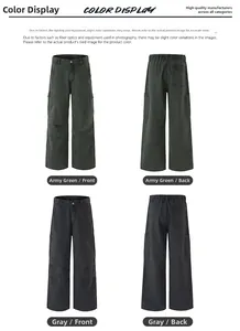 Detailed front and back views of army green and grey cargo pants with side pockets