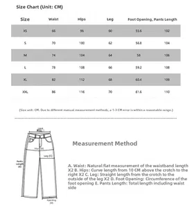 Detailed size chart in CM for wide leg suit trousers covering sizes from XS to XXL