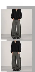 Relaxed fit vertical striped casual trousers paired with a black zip-up hoodie set