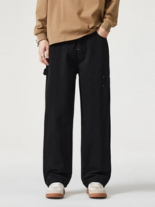 Men's retro black straight-leg cargo pants with multi-pockets and side hammer loop detail