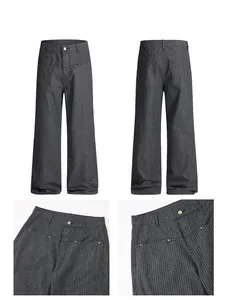 Detail display of striped wide-leg trousers featuring metal rivets and waist tailoring