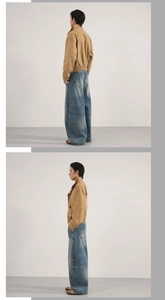 Détails du jean baggy délavé avec moustaches et de la veste en toile kaki