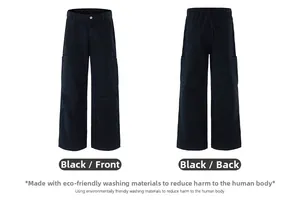 Front and back views of high-waisted black cargo pants with large side pockets and loose fit