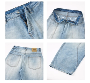 Detailed views of light blue washed denim jeans with metal zipper and leather back patch