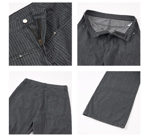Detailed four-grid view showing seams, metal buttons and striped grey suit trousers fabric