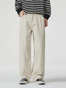 Men's retro straight-leg cargo pants in beige cotton canvas with side utility pockets