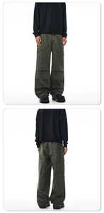 Detailed front and back view of retro olive green baggy cargo pants with multi-pockets