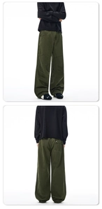 Detail view of olive green cargo pants with knee panels and buttoned back pocket