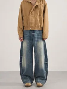 Jean Large Homme Style Rétro Américain Délavé Coupe Incurvée Décontracté Pantalon en Denim Ample Quotidien Streetwear Urbain