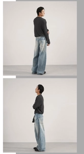 Detail view of baggy retro washed light blue jeans for men with vintage fading effects