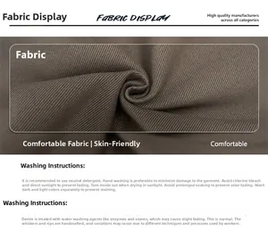 Detailkarte zeigt Twill-Baumwollstoff und Waschanleitungen für weite Baggy-Hosen in Braun
