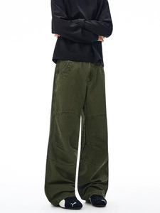 Olive green loose fit cargo pants with vintage wash and knee stitch detailing