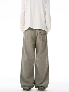 Retro vintage washed grey cargo pants with wide leg fit and back pocket detail