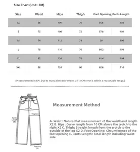 Detailed size chart for American vintage deconstructed cargo pants with measuring guide