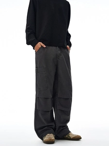 Men's retro loose dark grey multi-pocket cargo pants with washed heavy cotton fabric