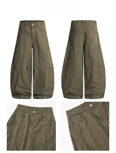 Detail view of olive green wide-leg cargo pants with knee pleats and multi-pocket design