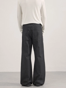 Men's dark grey pinstripe wide-leg trousers with high waist and back pocket detail