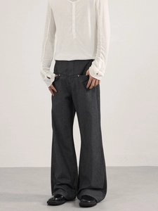 Men's dark gray wide-leg pinstripe trousers with high drape and minimalist styling