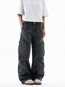 Vintage washed charcoal gray cargo pants with side pockets in a loose straight-leg fit