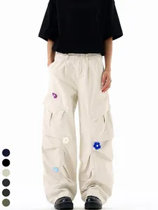 Pantalon Cargo Homme High Street Large Baggy Jambe Droite Multi Poches Pantalon Fleur Brodée 3D Coton Décontracté Streetwear