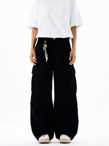 Black oversized vibe cargo pants with faded wash, wide-leg cut and side utility pockets