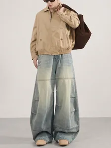 Jeans Homme Rétro Américain High Street Plissés Jambes Larges Délavés Denim Pantalons Streetwear Bleu
