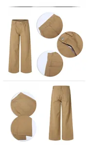 Detail view of khaki straight-leg casual pants showing front zipper and back pockets