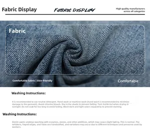 Détails de la texture du denim bleu avec instructions de lavage et détails artisanaux