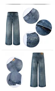 Vues détaillées du jean évasé bleu délavé montrant la texture moustaches et le zip en métal