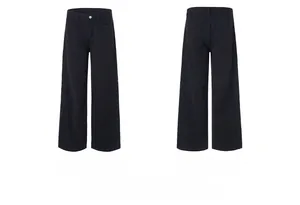Detail view showing front and back of black cotton wide-leg trousers with pocket design