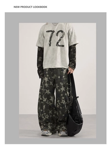 Streetwear lookbook featuring star pattern baggy trousers and layered graphic t-shirt