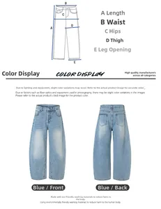 Detailed size chart and front-back view of light blue wide-leg washed denim jeans