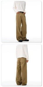 Detailed view of khaki straight-leg casual trousers with a minimalist wide-leg design