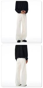 Front and back view of men's white wide-leg cotton trousers in a cleanfit style