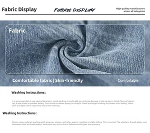 Détail de la texture du denim bleu avec instructions d'entretien pour le lavage