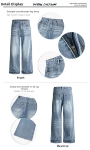 Vue détaillée du jean droit bleu vintage avec délavage moustaches et design 5 poches