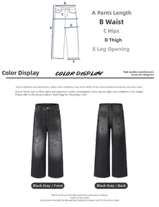Detailed size chart and front-back view of baggy splatter graffiti straight jeans