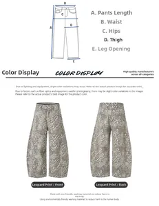 Tabella taglie per pantaloni larghi in denim leopardato con vista frontale e posteriore