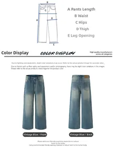 Detailed size guide showing measurements for vintage blue straight-leg denim jeans