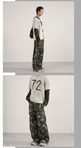Front and side full view of baggy streetwear pants with all-over star print and grey t-shirt