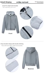 Detail view of a gray zip-up hoodie showing high-quality stitching and ribbed cuffs