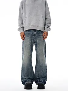 Jeans Homme Vintage Lavé Jambe Large Délavé Rétro Streetwear Américain Denim Évasé Pantalon Décontracté Bleu