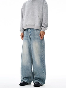 Retro washed light blue oversized wide-leg jeans with a vintage loose baggy silhouette