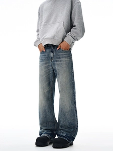 Jean en denim évasé délavé rétro bleu vintage avec une coupe décontractée style street