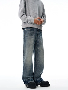 Jean évasé rétro pour homme avec délavage vintage et texture en denim épais de qualité