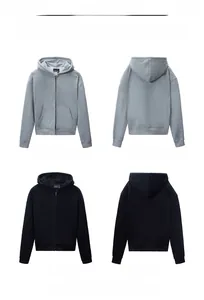 Detailed front and back views of solid zip-up hoodies in melt gray and black colors