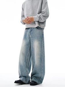Retro washed light blue oversized wide-leg denim jeans for a baggy streetwear style look